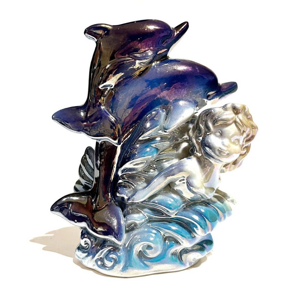 Vintage Ceramic Iridescent Shiny Dolphin Mermaid Figurine Decor Blue Ocean Sea